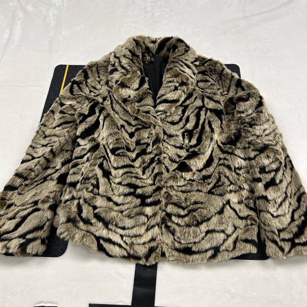 Metric Knits Faux Fur Jacket Womens Medium Brown Black Tiger Stripe Animal Print